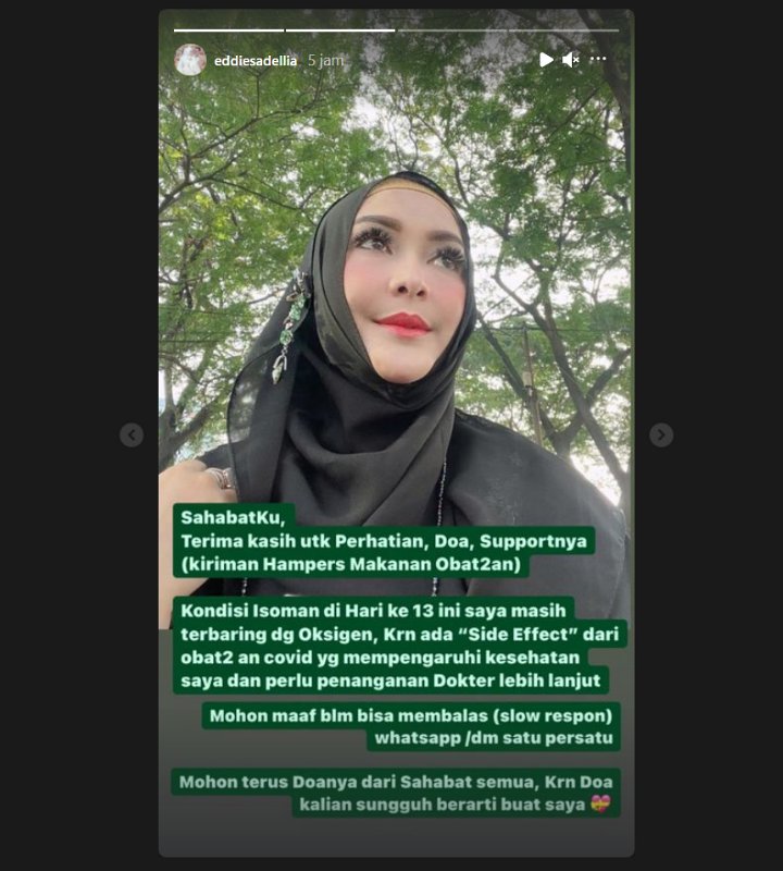 Ungkap Kondisi Saat Isoman Hari ke-13, Eddies Adelia Masih Terbaring dengan Oksigen