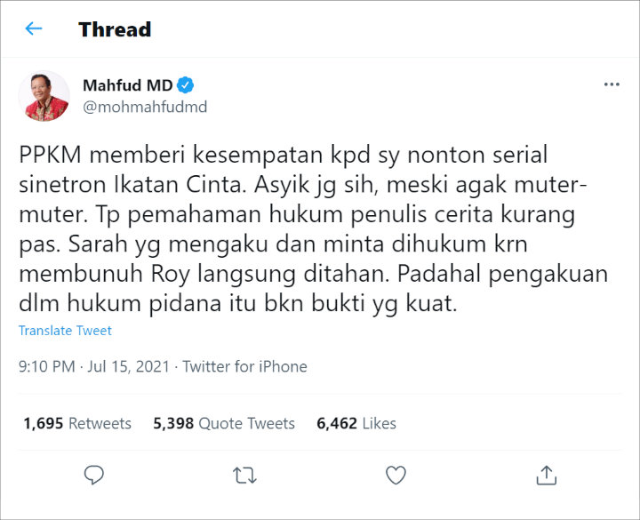 Mahfud Komentari Ikatan Cinta