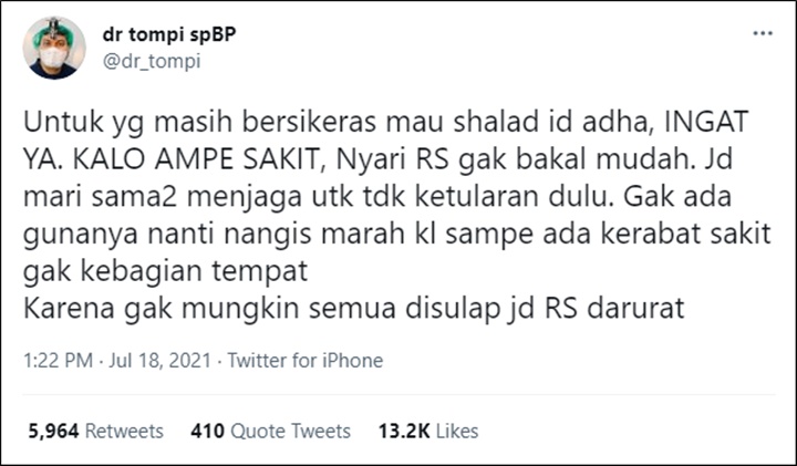 Sindiran Pedas Tompi Untuk Muslim yang Ngotot Ingin Salat Idul Adha Tuai Kecaman