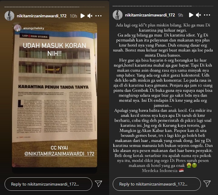 Viral, Protes Nikita Mirzani Soal Karantina Tak Memuaskan di Hotel Berbintang Sudah Masuk Koran