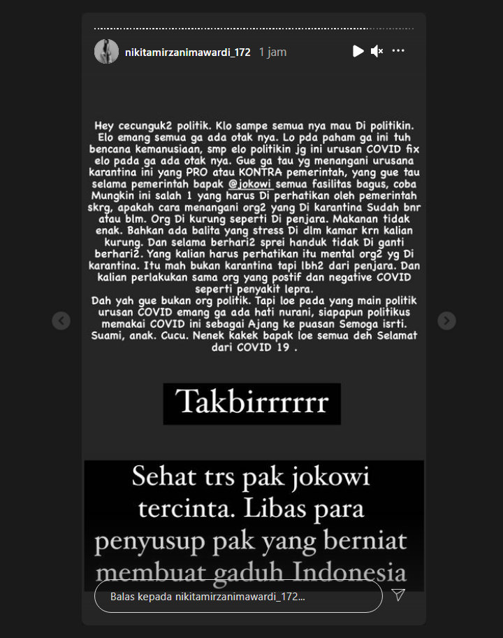 Nikita Mirzani Sebut Hotel Tempatnya Karantina Melebihi Penjara, Tulis Pesan Ini Untuk Jokowi