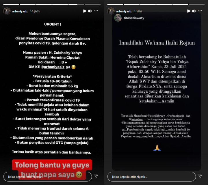 Ayah Arbani Yasiz Meninggal Dunia, Sempat Umumkan Butuh Donor Plasma Konvalesen