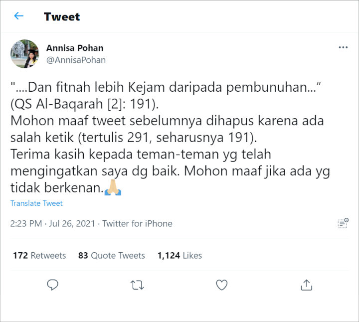 Salah Ketik Ayat Al-Qur\'an, Annisa Pohan Berterima Kasih dan Minta Maaf