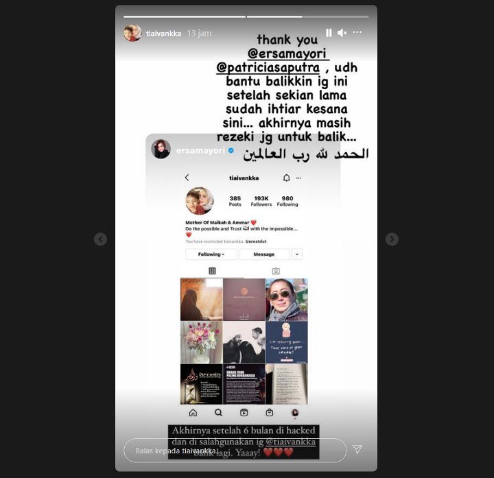 Akun Instagram Tia Ivanka Akhirnya Kembali Usai 6 Bulan Dihack, Ungkap Terima Kasih Ke Ersa Mayori