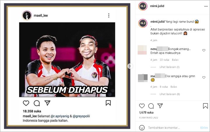 Maell Lee Dikritik Usai Sempat Unggah Foto Editan Greysia Polii, Dibandingkan dengan Vincent Rompies