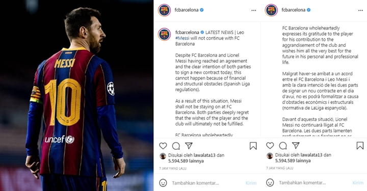 Lionel Messi Putuskan Hengkang dari Barcelona Akibat Masalah Finansial
