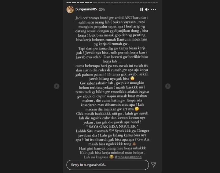 Bunga Zainal Syok Sekaligus Emosi Lihat Kelakuan ART Barunya: Lah Situ Nyonya?