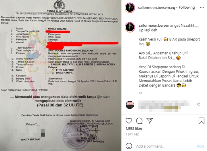 Tanda Lapor Nikita Mirzani