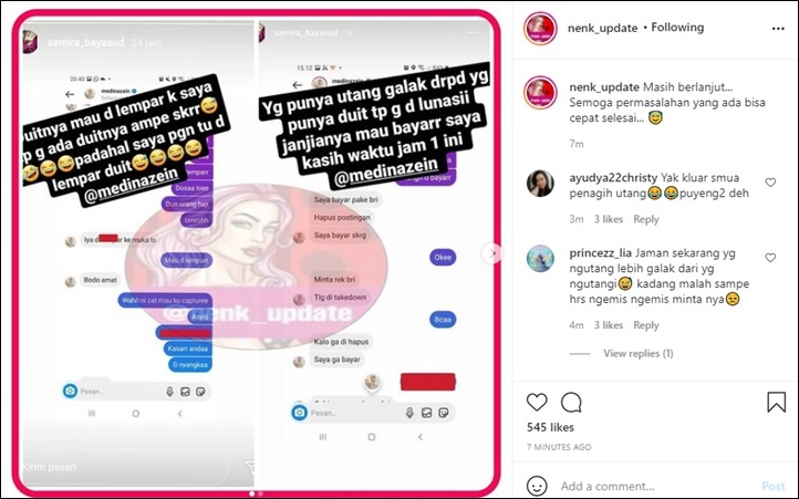 Bukti Chat Medina Zein Kasar Saat Ditagih Utang, Sampai Niat Lempar Uang ke Muka Si Penagih