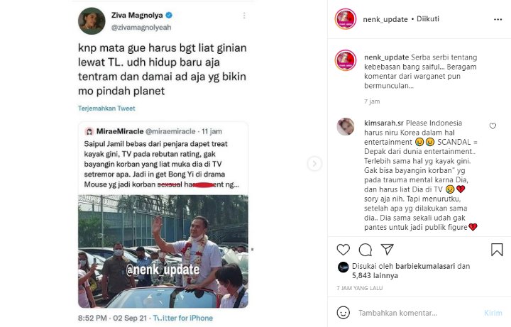Ziva Magnolya Beri Tanggapan Begini Soal Bebasnya Saiful Jamil yang Disambut Meriah
