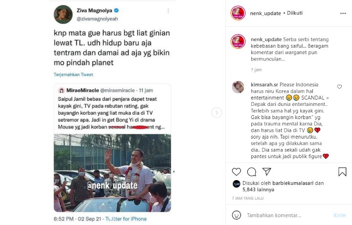 Ziva Magnolya Beri Tanggapan Begini Soal Bebasnya Saiful Jamil yang Disambut Meriah