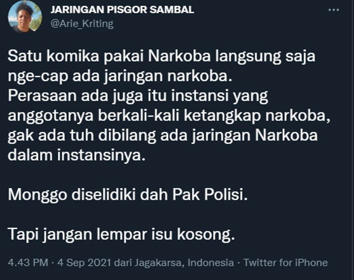 Arie Kriting Buka Suara Soal Kabar Adanya Jaringan Narkoba di Kalangan Komika