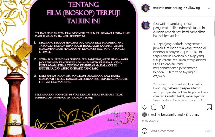 FFB 2021: Nominasi Film Terpuji Ditiadakan, Ini Daftar Lengkapnya