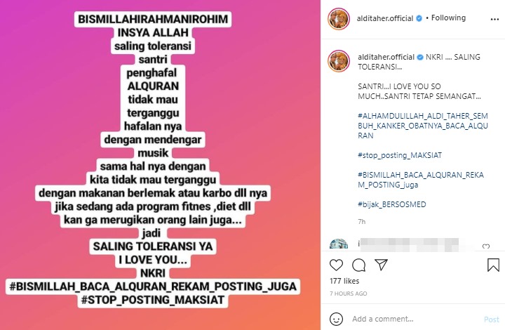 Tanggapan Aldi Taher Soal Santri Hafalan Alquran Tak Mau Dengar Musik Tuai Pujian