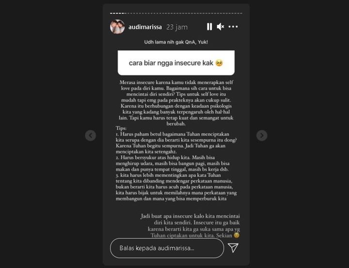 Simak Pesan Bijak dan Menohok Audi Marissa Usai Ditanya Cara Agar Tak Merasa Insecure