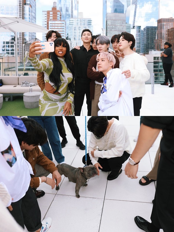 BTS Akhirnya Ketemu Megan Thee Stallion, Foto Bareng Julurkan Lidah Sampai Main dengan Anjing