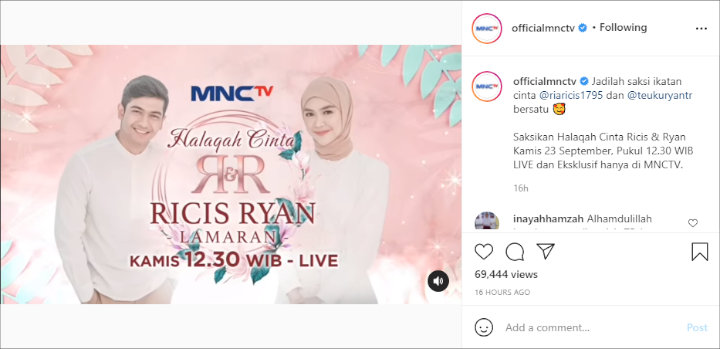 Bertajuk \'Halaqah Cinta R&R\', Lamaran Ria Ricis dan Teuku Ryan Bakal Disiarkan Langsung Di MNCTV