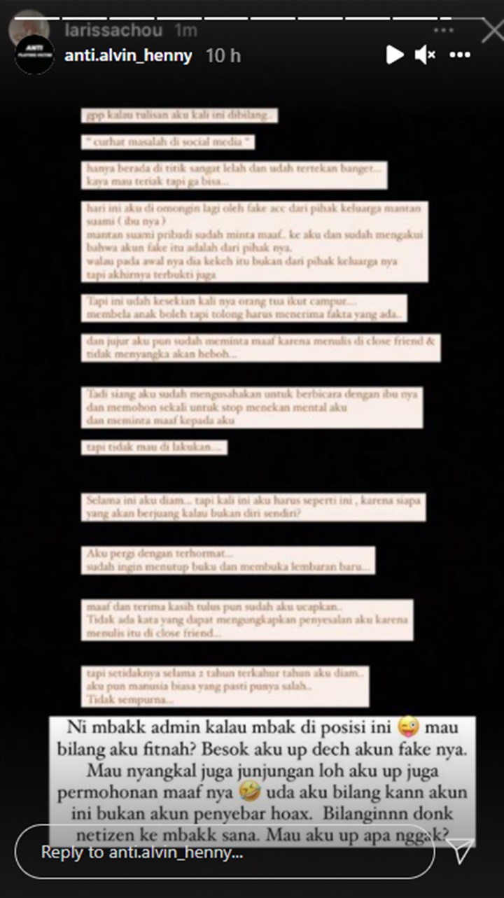 Fans Alvin Faiz dan Henny Rahman Salahkan Larissa Chou Hingga Juluki \'Penebar Kebencian\'