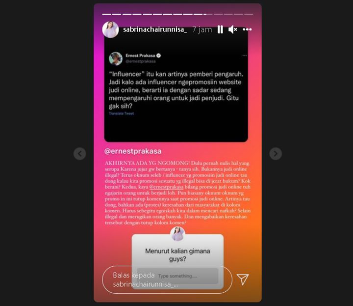 Usai Ernest Prakasa, Sabrina Chairunnisa Menohok Pertanyakan Soal Influencer Endorse Judi Online