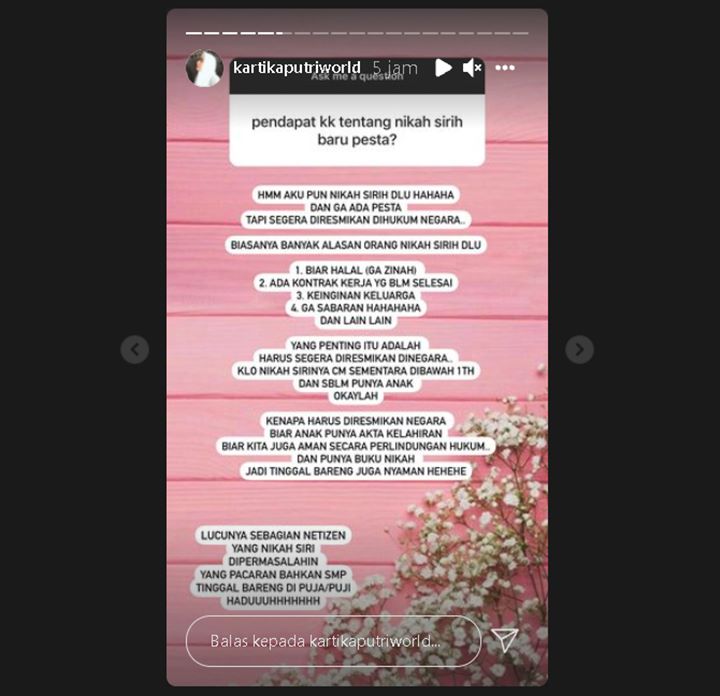Diminta Tanggapan Tentang Nikah Siri Baru Gelar Pesta, Kartika Putri Jelaskan Soal Poin Penting