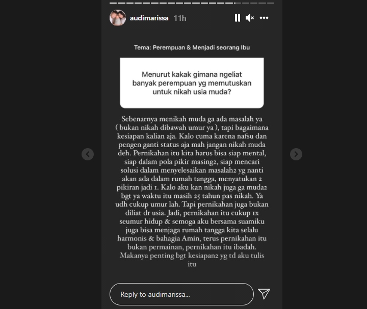 Audi Marissa Singgung \'Bukan Permainan\', Larang Perempuan Nikah Muda