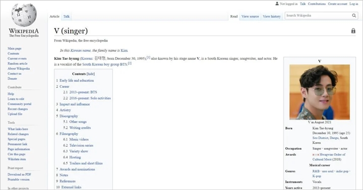Wikipedia V BTS Paling Banyak Dikunjungi, Kalahkan Semua Penyanyi Pria
