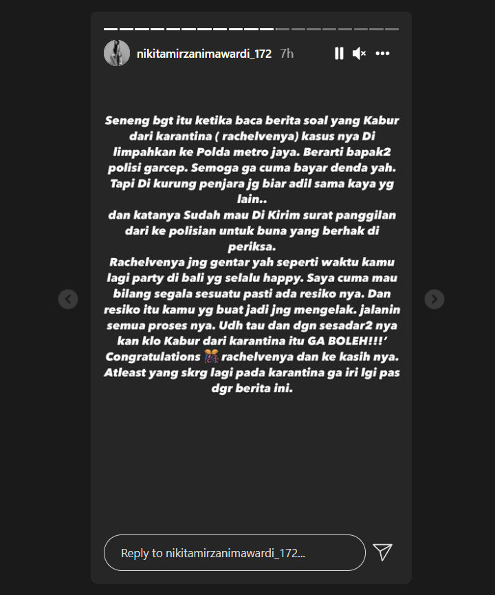 Reaksi Nikita Mirzani Soal Rachel Vennya Bakal Diperiksa Polisi: Seneng Banget!