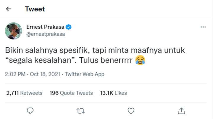 Ernest Prakasa Bahas Ketulusan Dalam Minta Maaf, Sindir Rachel Vennya?