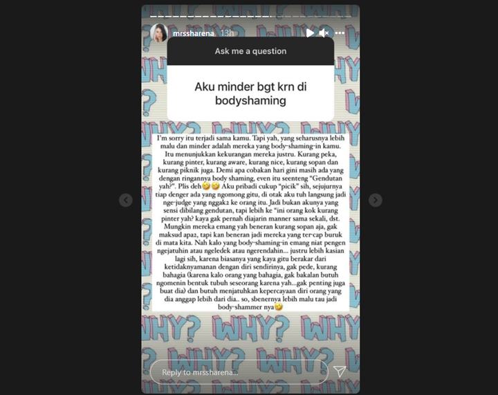 Tanggapi Curhatan dari Korban Body Shaming, Sharena Beri ‘Sindiran’ Menohok untuk Sang Pelaku