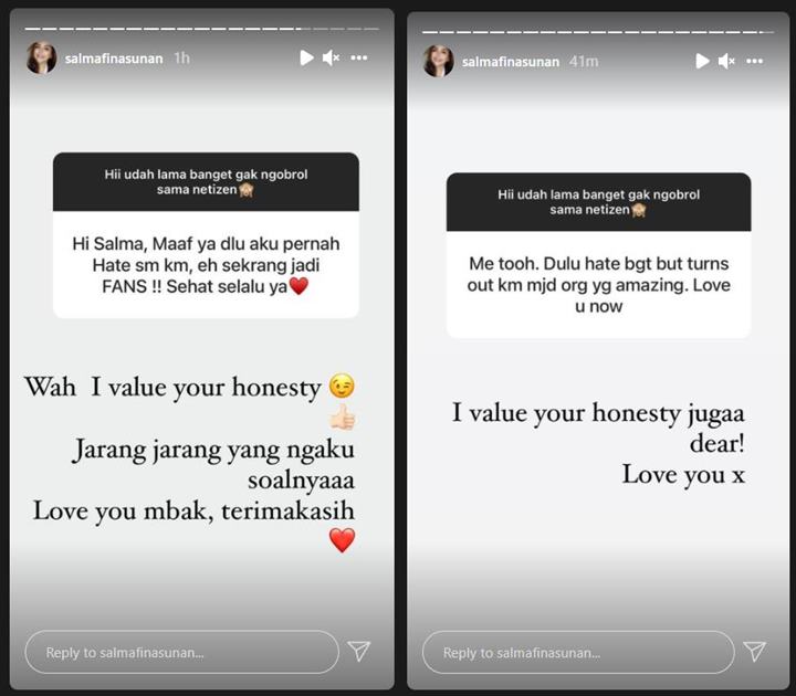 Reaksi Salmafina Sunan Tanggapi Pengakuan Fans yang Pernah Jadi Haters, Dapat Pujian Begini