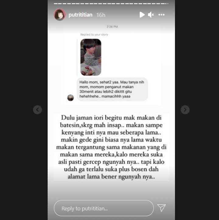 Ngaku Insaf, Putri Titian Kini Tak Mau Lagi Batasi Waktu Makan Anak