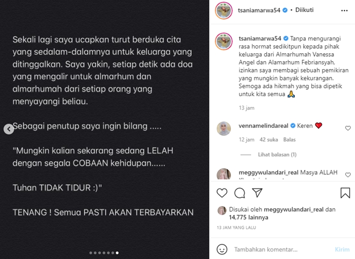Tsania Marwa Petik \'Hikmah Pembelajaran\' dari Kepergian Vanessa Angel