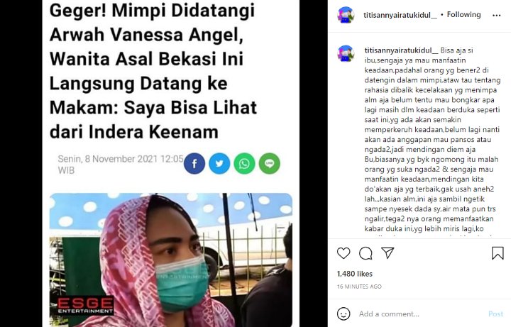 Peramal Titisan Nyai Ratu Kidul Tanggapi Omongan Orang yang Ngaku Didatangi Arwah Vanessa Angel