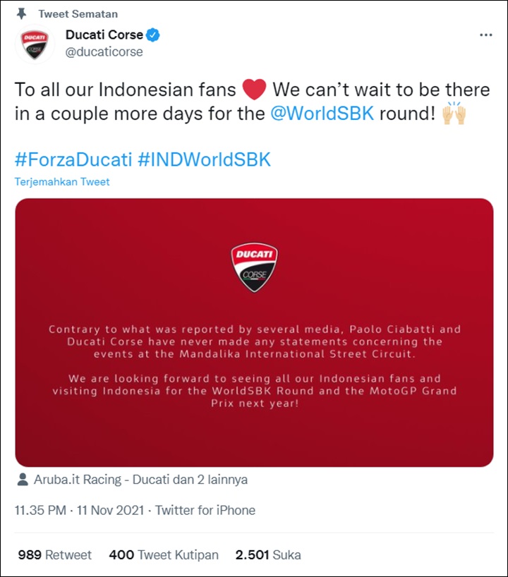 Klarifikasi Pihak Ducati