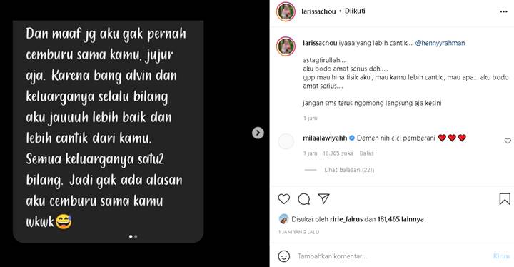 Larissa Chou Bongkar Isi SMS Henny Rahman Bantah Tudingan Cemburu: Iya yang Lebih Cantik