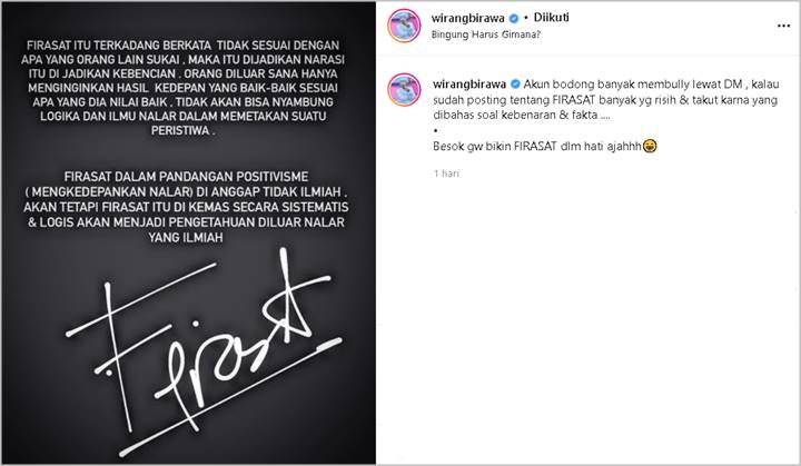 Wirang Birawa Akui Banyak Dibully Usai Posting Soal Firasat, Balik Beri Penjelasan Tegas