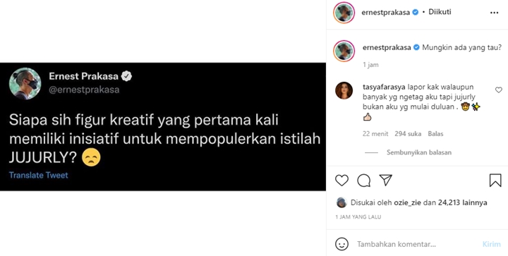 Ernest Prakasa Cari Pencetus Kata \'Jujurly\', Ternyata Tasya Farasya?