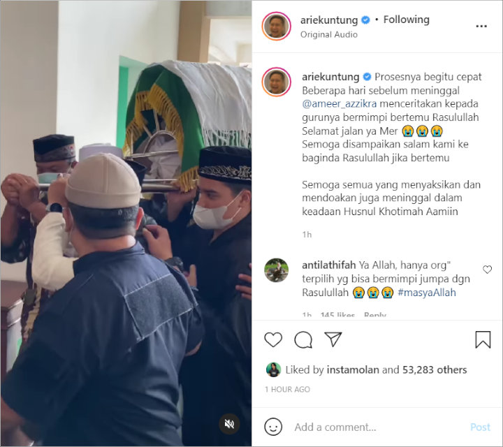 Arie Untung Ungkap Ameer Azzikra Sempat Cerita Mimpi Bertemu Rasulullah Sebelum Meninggal