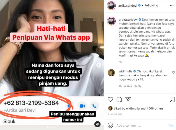 Hati-hati Nama dan Foto Artika Sari Devi Dicatut Penipuan Via WhatsApp, Modusnya Terbongkar