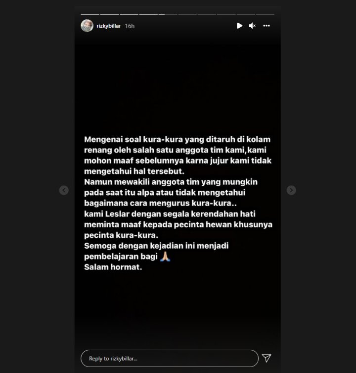 Dibully Karena Kura-Kura Darat Masuk Kolam, Rizky Billar Minta Maaf Sambil Singgung Soal Adab