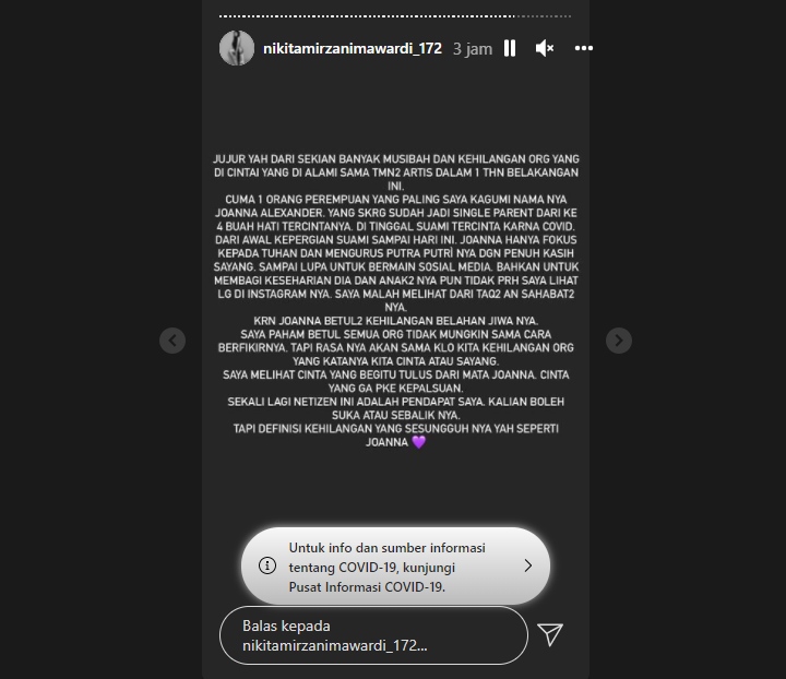 Banyak Artis Alami Kehilangan, Nikita Mirzani Hanya Kagumi Joanna Alexandra
