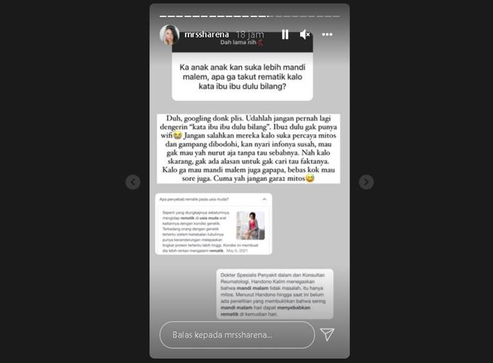 Sharena Jawab Menohok Disinggung Kepercayaan Orang Dulu Soal Kebiasaan Anak-anak Mandi di Malam Hari