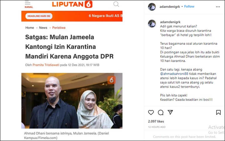 Mulan Jameela Sekeluarga \'Diistimewakan\' Boleh Karantina di Rumah, Adam Deni Kesal Setengah Mati