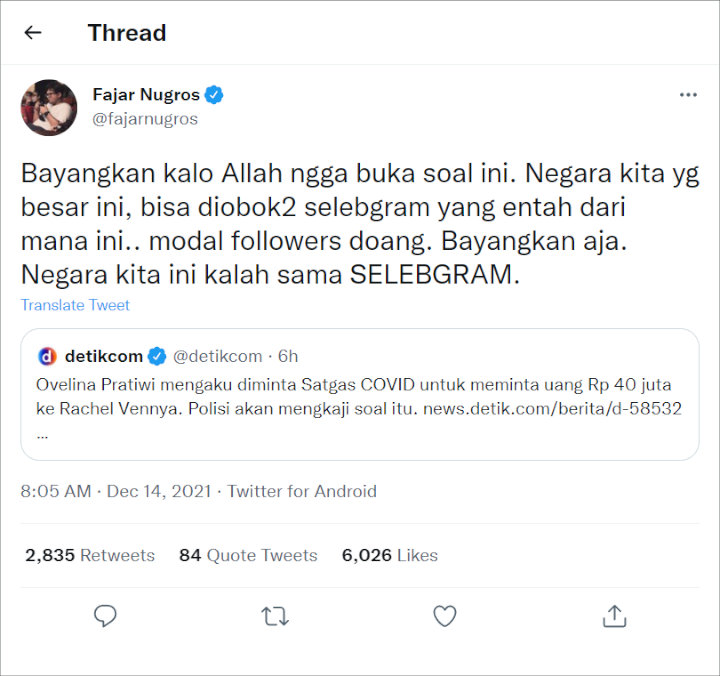 Fajar Nugros Ungkap Kekesalan pada Rachel Vennya: Negara Kalah sama Selebgram!