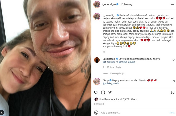 Mieke Amalia dan Tora Sudiro Rayakan Anniversarry Pernikahan ke-12