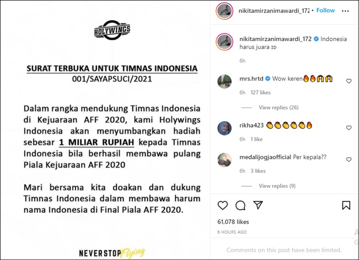 Fantastis! Nikita Mirzani dan Hotman Paris Siapkan Bonus Rp1 M Untuk Timnas Indonesia
