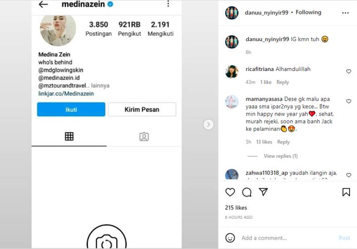 Akun Instagram Medina Zein Hilang