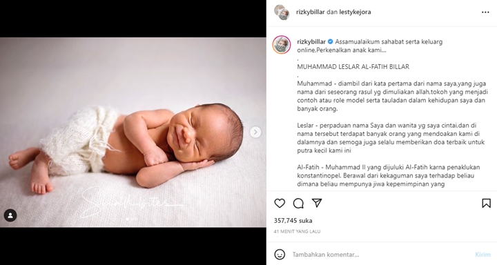 Arti Nama Anak Pertama Lesti Kejora dan Rizky Billar