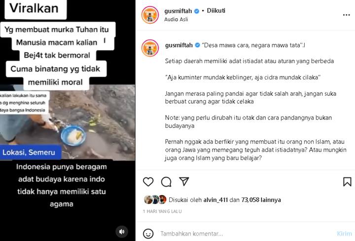 Gus Miftah Tanggapi Aksi Lelaki Tendang Sesajen di Gunung Semeru, Begini Kecamannya