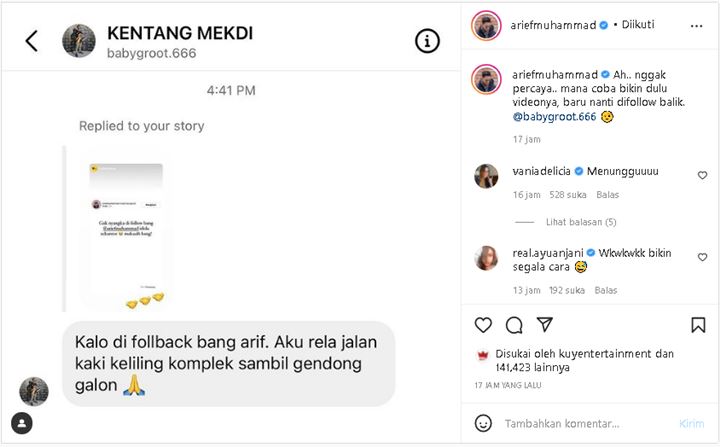 Reaksi Arief Muhammad Saat Ada Fans Rela Keliling Kompleks Sambil Angkat Galon Demi Dapat Follback